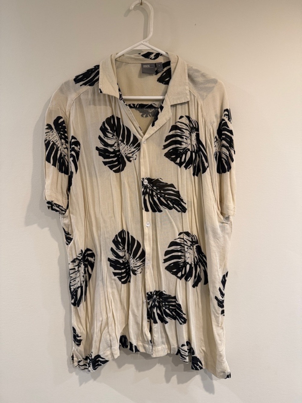 ASOS Cream Short Sleeve Button-Down Shirt with Black Leaf Print